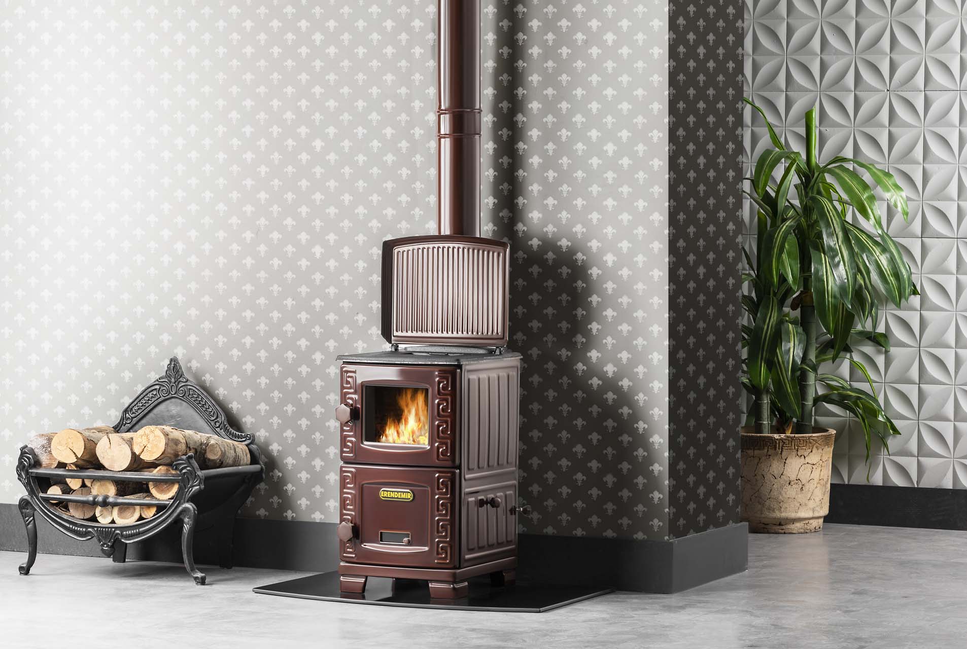 BROWN FIREPLACE STOVE WITH CAST IRON LEG